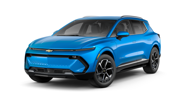 Blue Chevrolet electric SUV with sleek design and black alloy wheels, viewed from the front-left angle.