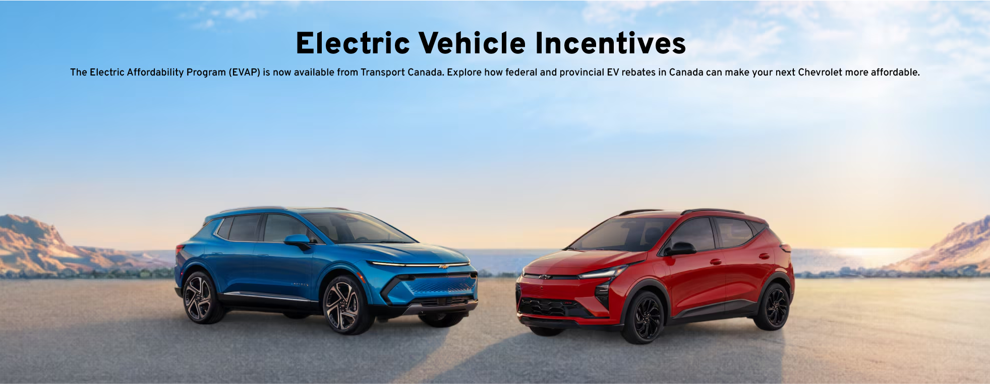 Blue and red Chevrolet electric SUVs with text on federal and provincial EV rebates in Canada.